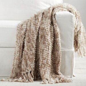 Pottery Barn Faux Fur Woven Fringe Throw blanket HTF tan beige 50” x 60” cozy!